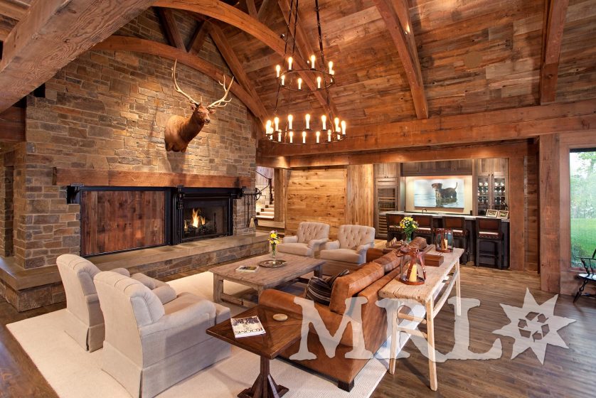 A photo showcasing our reclaimed corral board, barn board, hand-hewn beams and antique Douglas fir timbers in the Lake Country Retreat project.